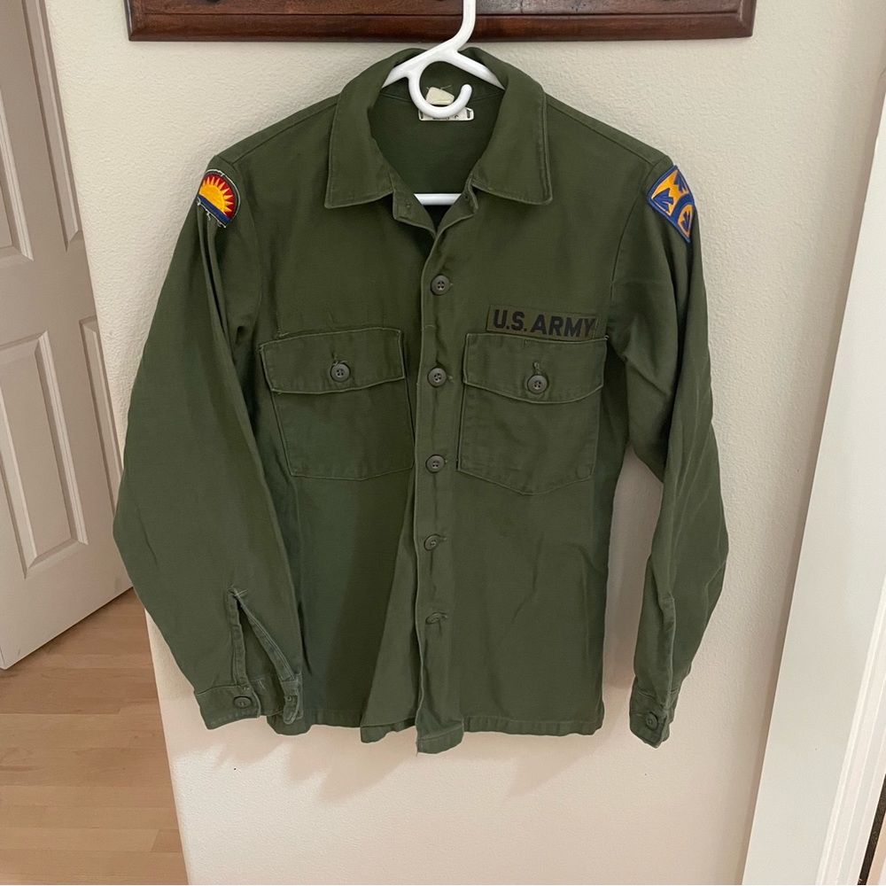Vintage 1967 Vietnam OG 107 Sateen Long Sleeve Button Up Collared Army Shirt